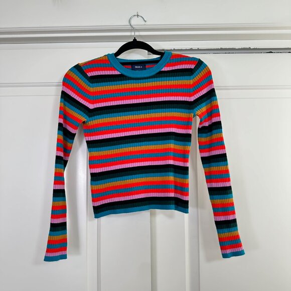 Multicolored Striped Ribbed Cropped Pullover Crewneck Long Sleeve - Medium - Picture 3 of 8